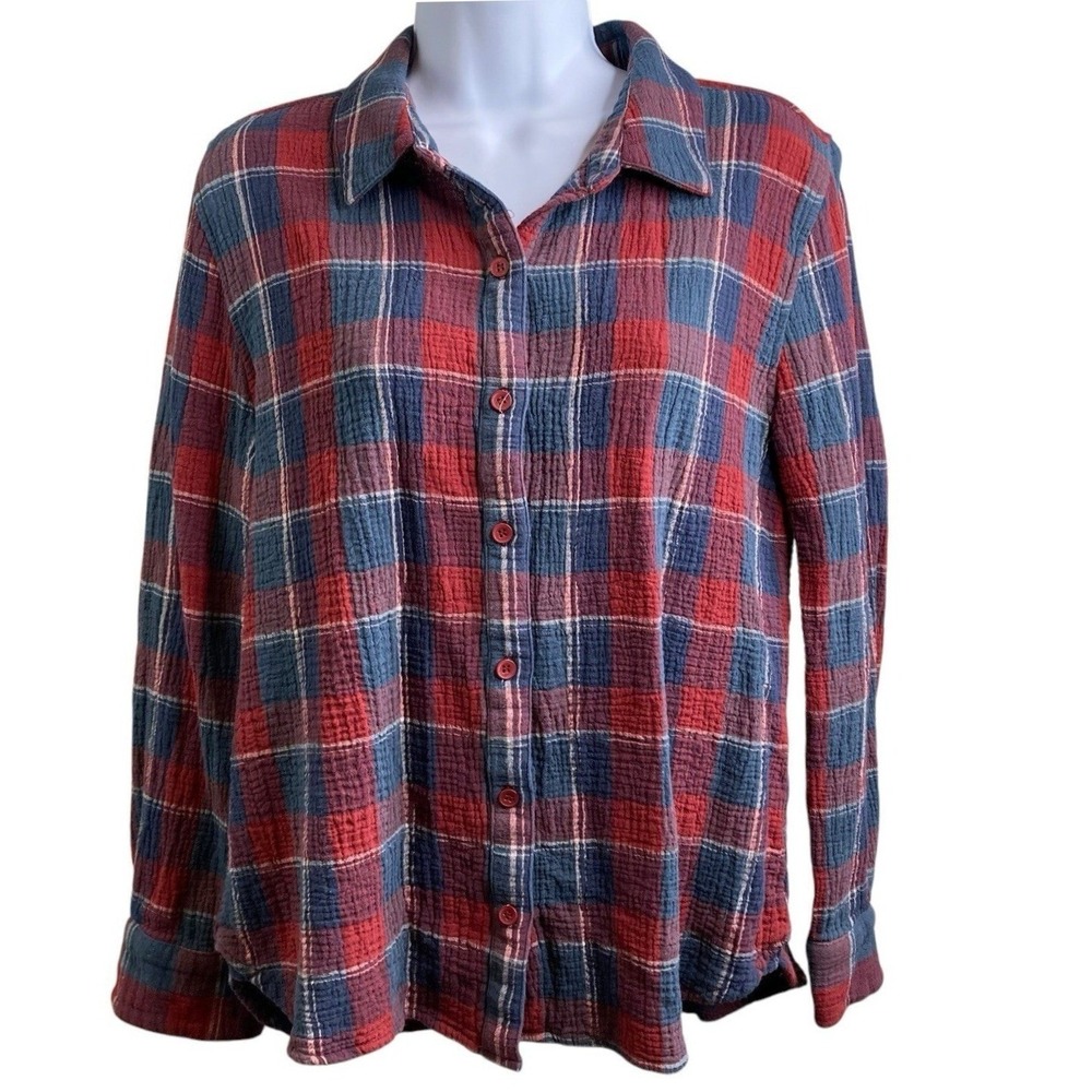 GARNET HILL Womens Red Blue Plaid Button Down Shirt 12 Textured Gauze Rustic